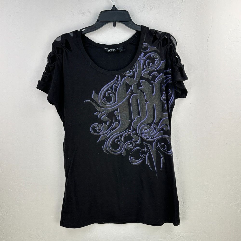 Fox‎ Racing Floral T-Shirt Womens S Black Cut Out Shoulder Sleeve Motocross Tee
